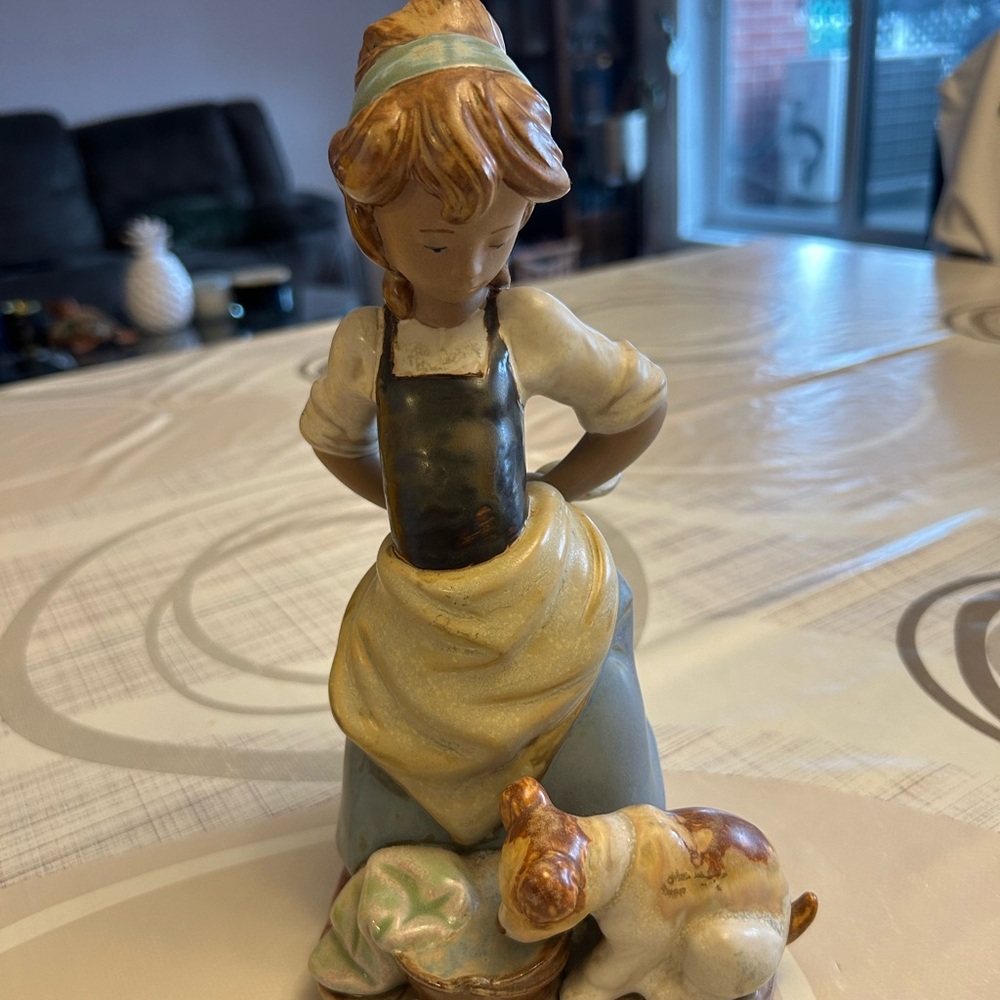Lladro Ceramic Sculpture with Girl and Dog in Cream and Brown